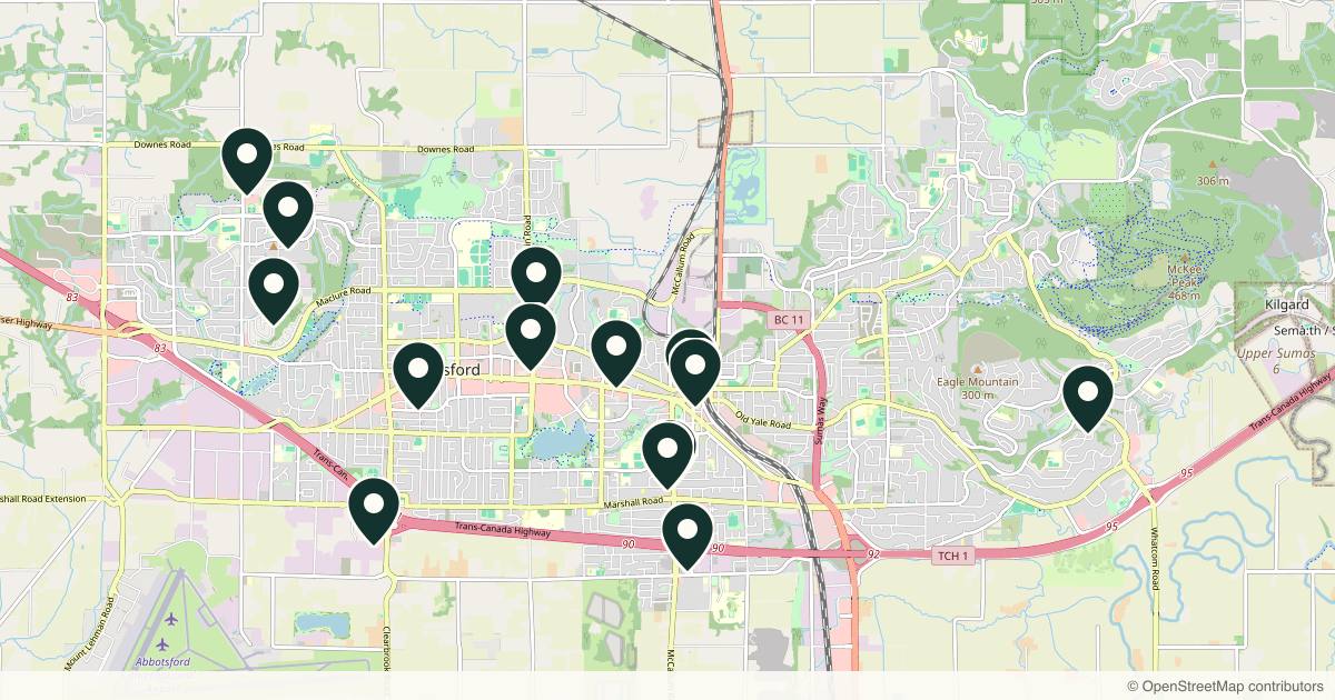 Map of 14 med spas and aesthetic clinics in Abbotsford, British Columbia