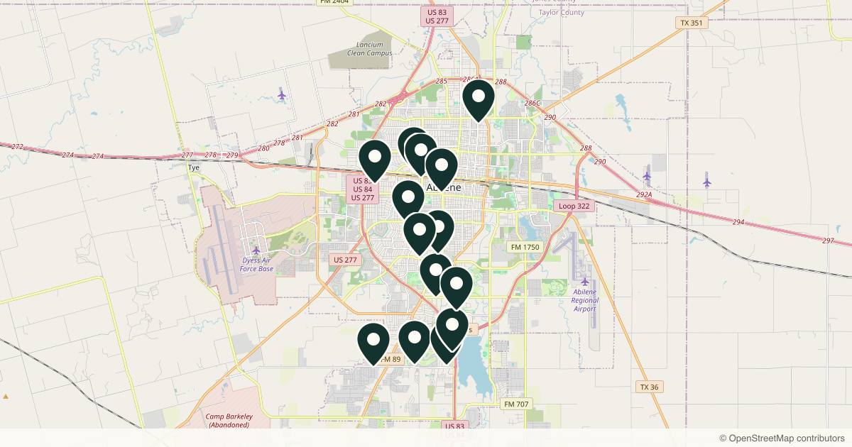 Map of 14 med spas and aesthetic clinics in Abilene, Texas