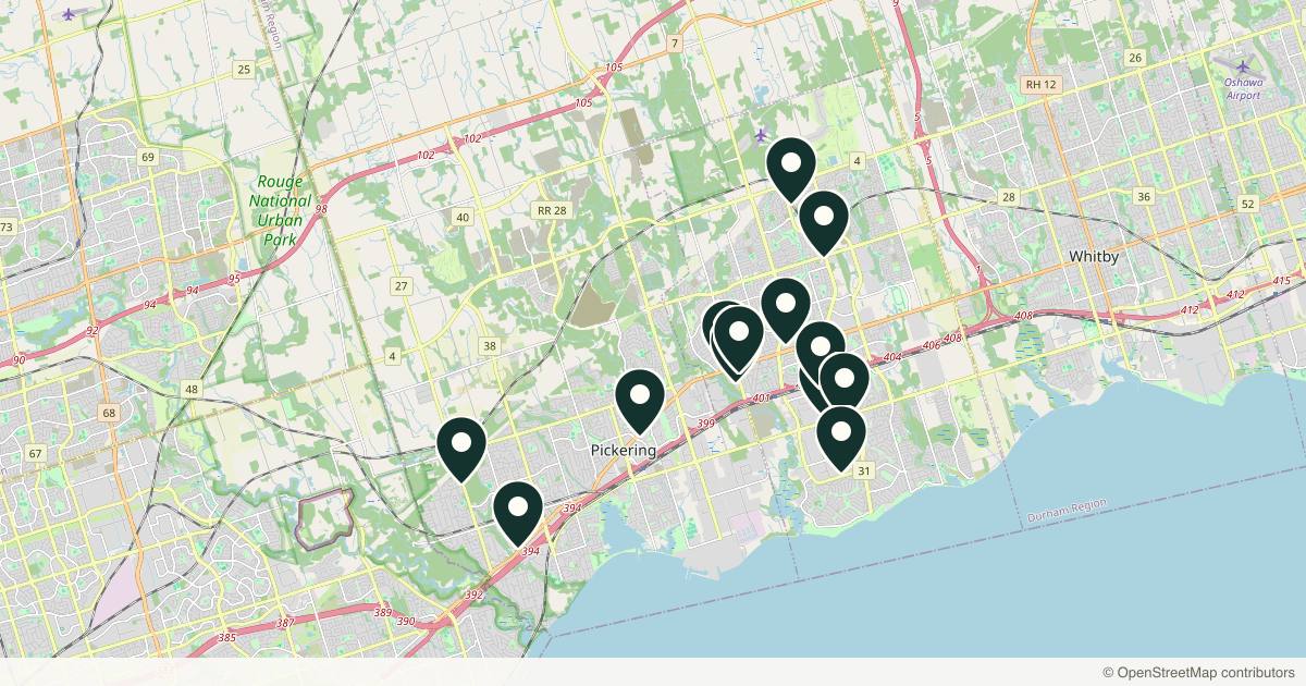 Map of 13 med spas and aesthetic clinics in Ajax, Ontario