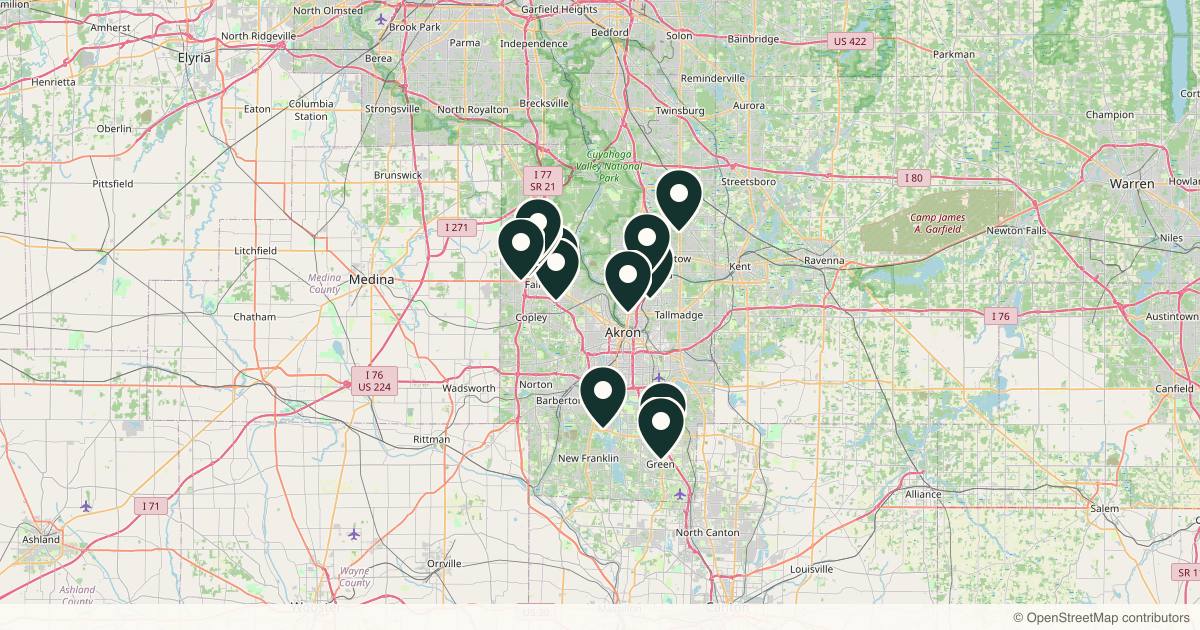 Map of 14 med spas and aesthetic clinics in Akron, Ohio