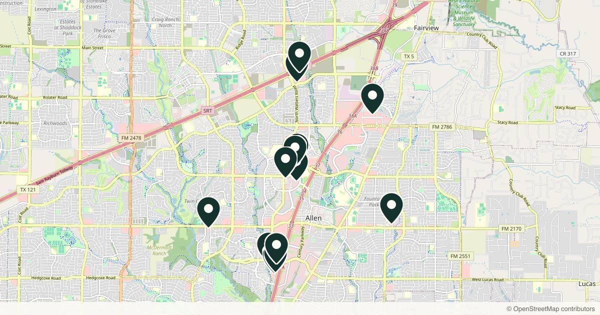 Map of 13 med spas and aesthetic clinics in Allen, Texas