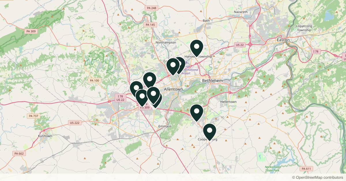 Map of 14 med spas and aesthetic clinics in Allentown, Pennsylvania