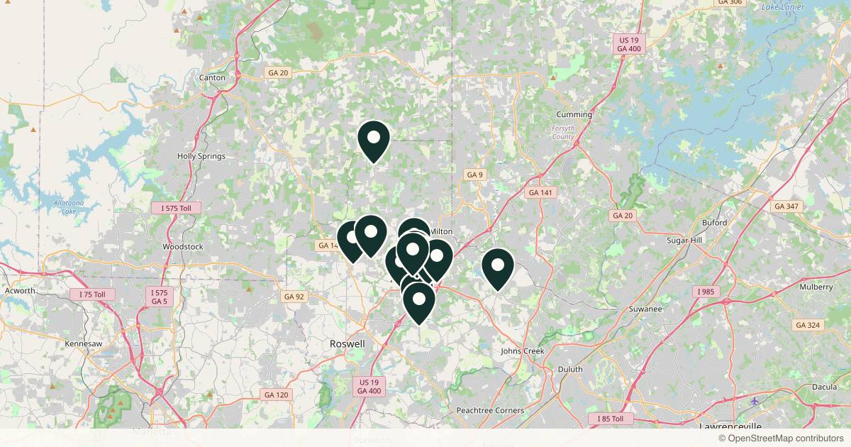 Map of 14 med spas and aesthetic clinics in Alpharetta, Georgia