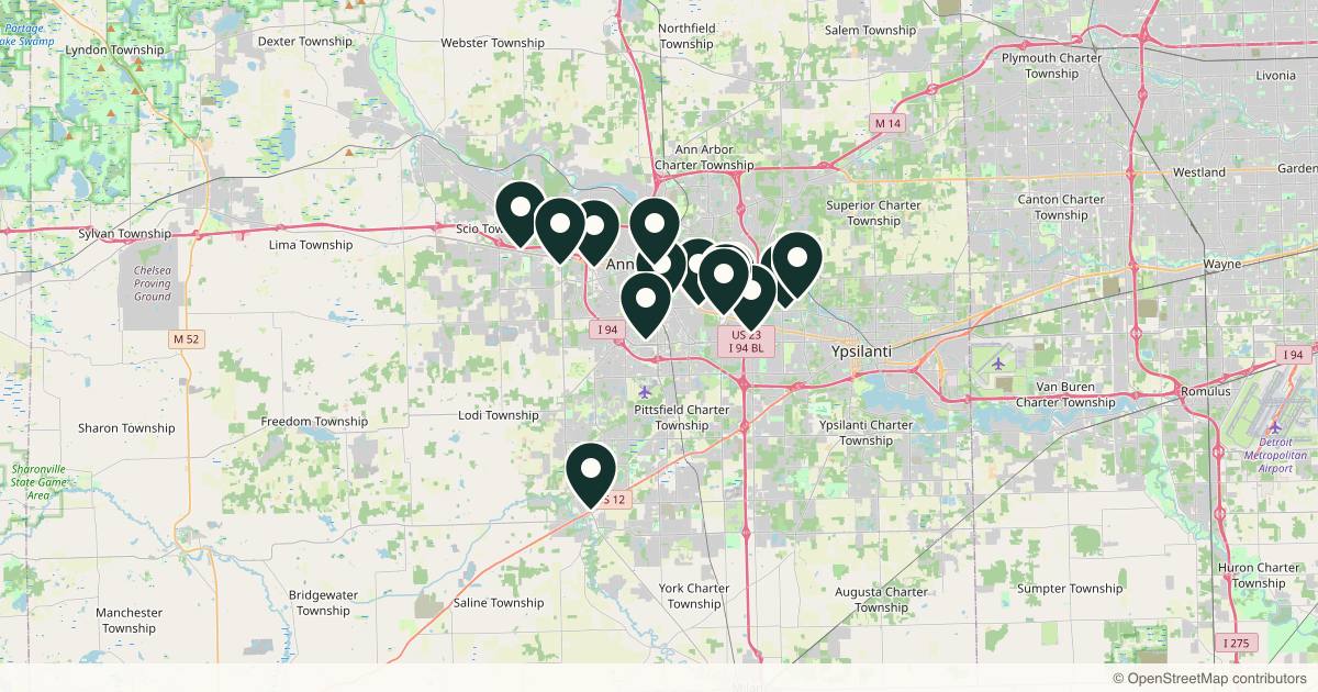 Map of 14 med spas and aesthetic clinics in Ann Arbor, Michigan