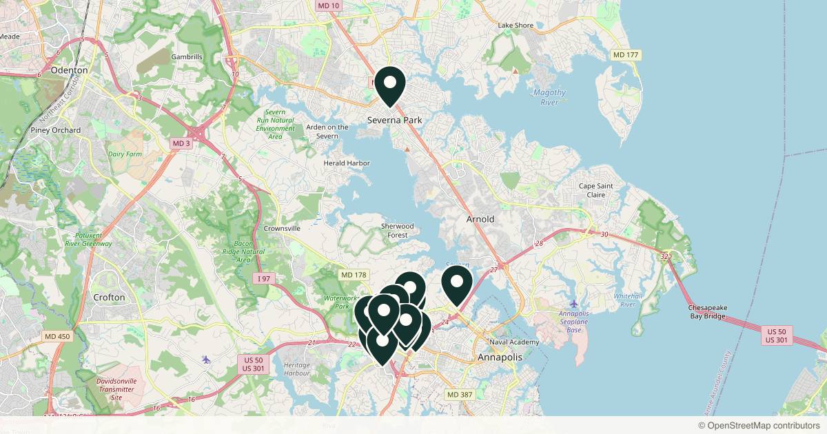 Map of 14 med spas and aesthetic clinics in Annapolis, Maryland