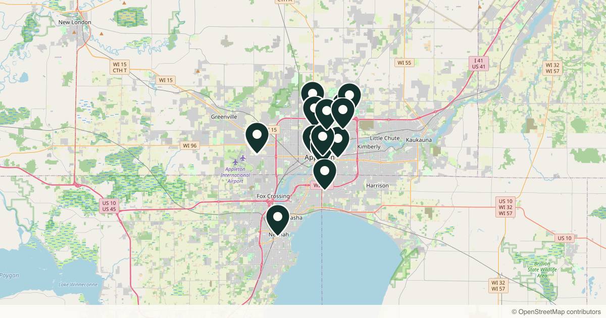 Map of 14 med spas and aesthetic clinics in Appleton, Wisconsin