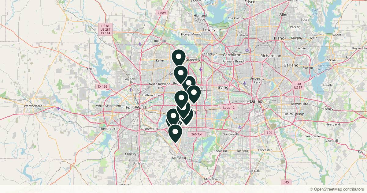 Map of 14 med spas and aesthetic clinics in Arlington, Texas