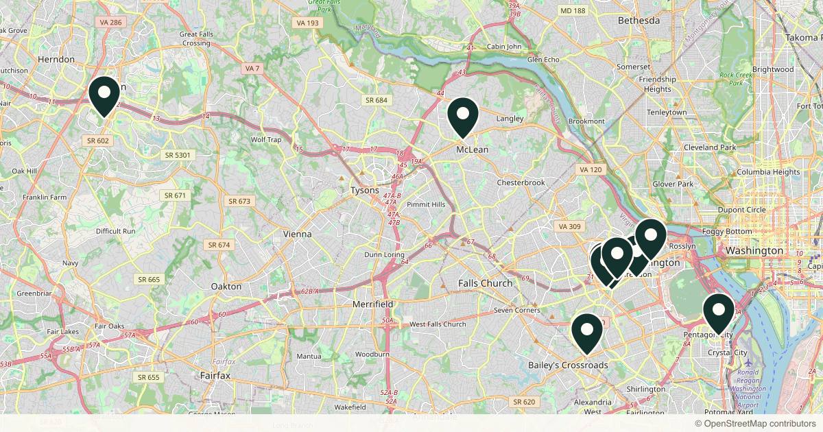 Map of 14 med spas and aesthetic clinics in Arlington, Virginia
