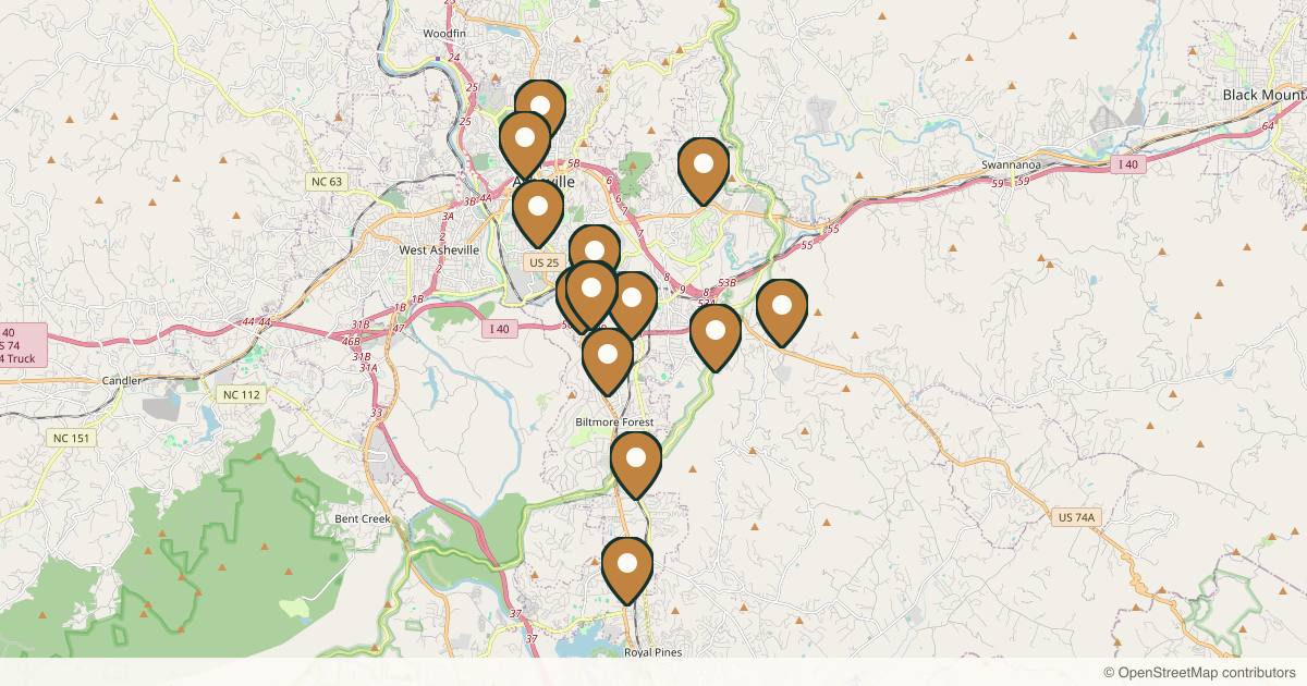 Map of 14 med spas and aesthetic clinics in Asheville, North Carolina