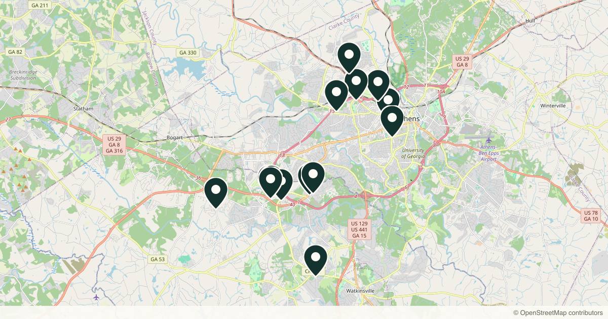 Map of 14 med spas and aesthetic clinics in Athens, Georgia