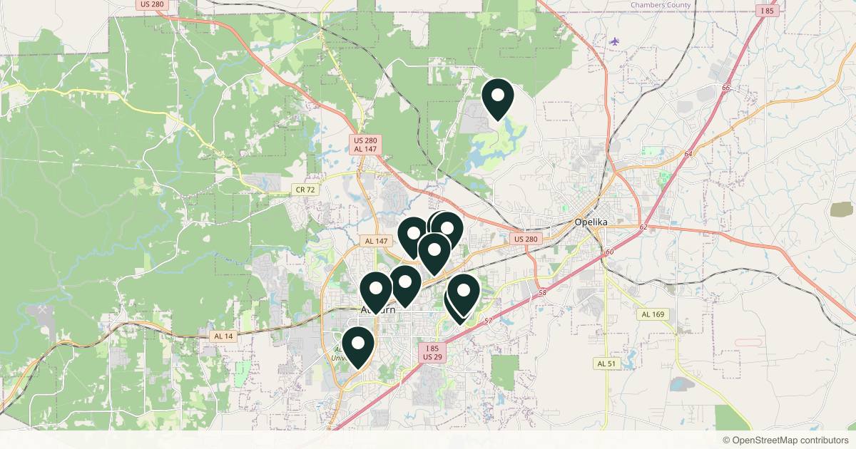 Map of 14 med spas and aesthetic clinics in Auburn, Alabama
