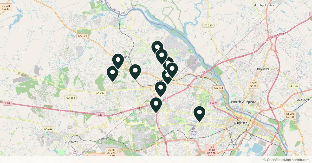 Map of 12 med spas and aesthetic clinics in Augusta, Georgia