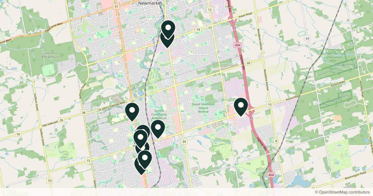 Map of 13 med spas and aesthetic clinics in Aurora, Ontario