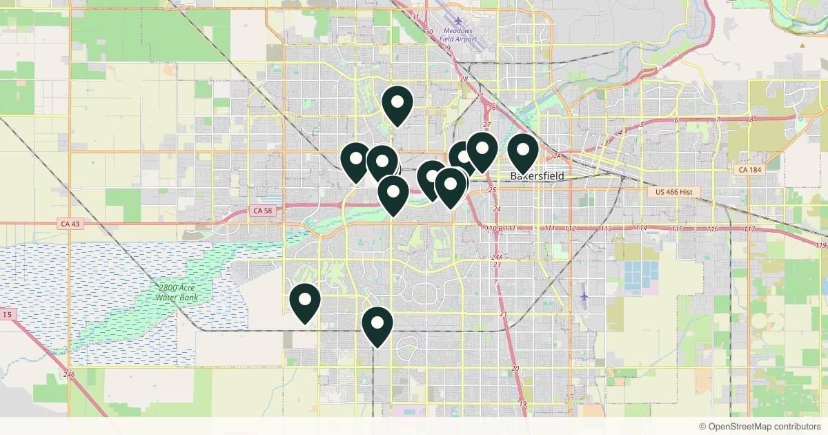 Map of 14 med spas and aesthetic clinics in Bakersfield, California