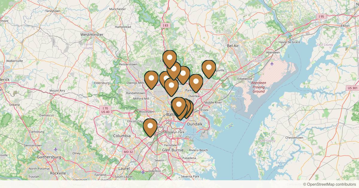 Map of 14 med spas and aesthetic clinics in Baltimore, Maryland