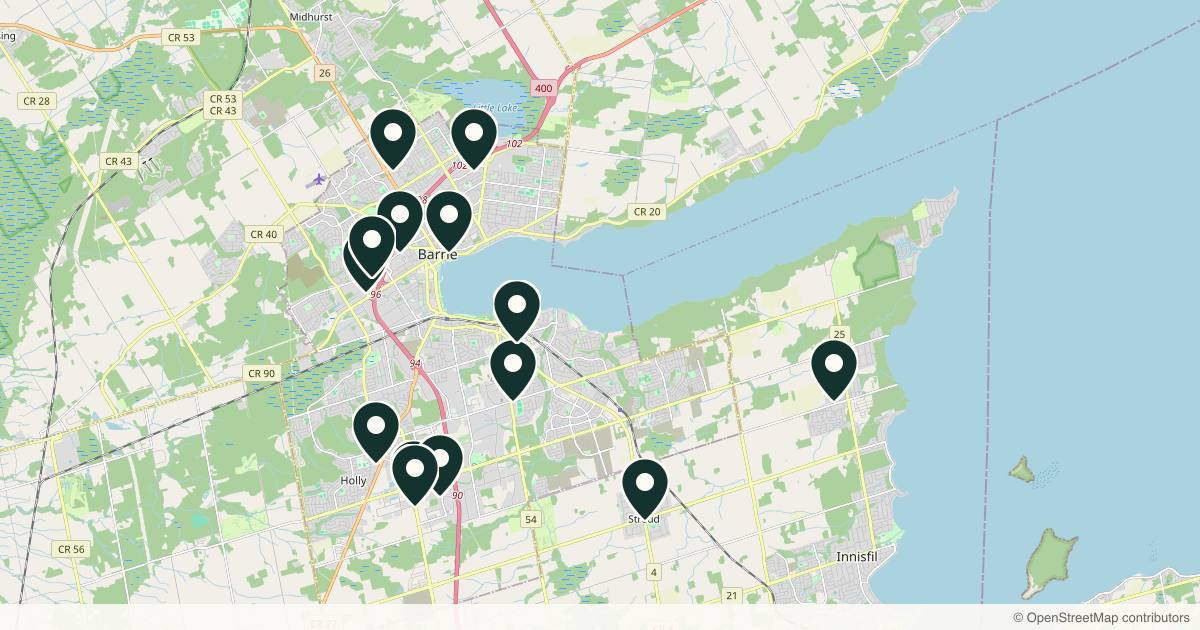 Map of 14 med spas and aesthetic clinics in Barrie, Ontario