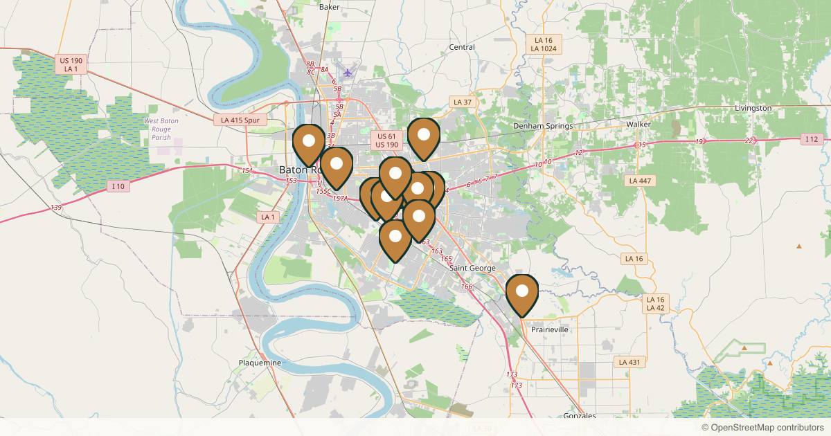 Map of 14 med spas and aesthetic clinics in Baton Rouge, Louisiana