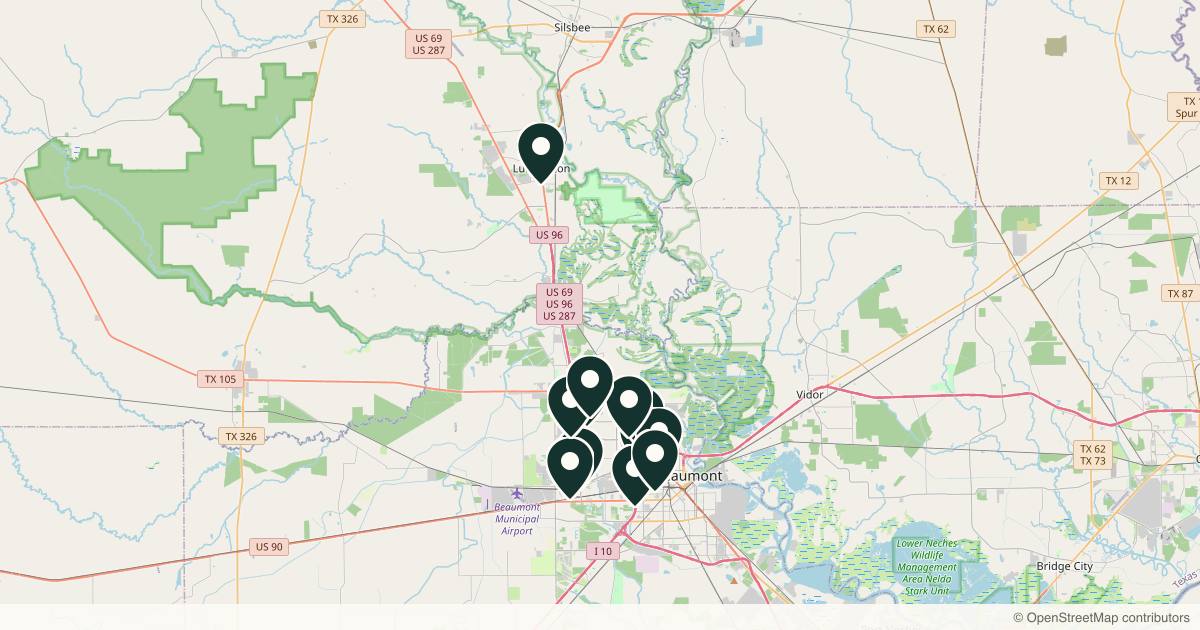 Map of 14 med spas and aesthetic clinics in Beaumont, Texas