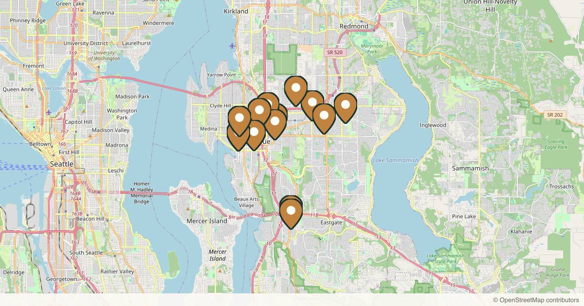 Map of 14 med spas and aesthetic clinics in Bellevue, Washington