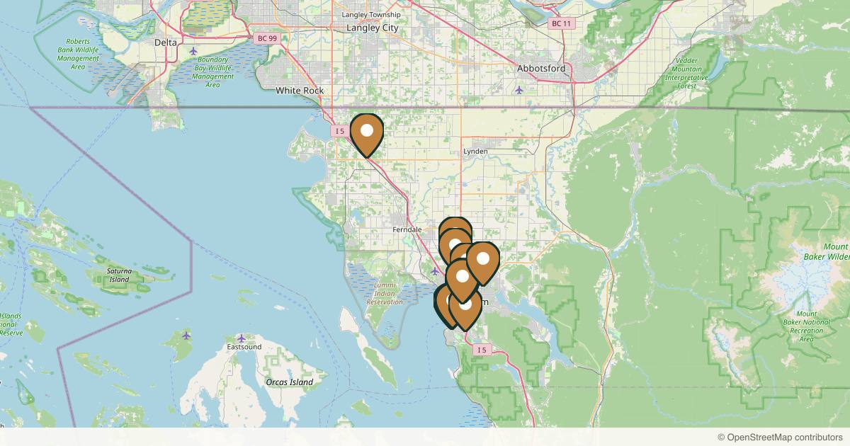 Map of 14 med spas and aesthetic clinics in Bellingham, Washington