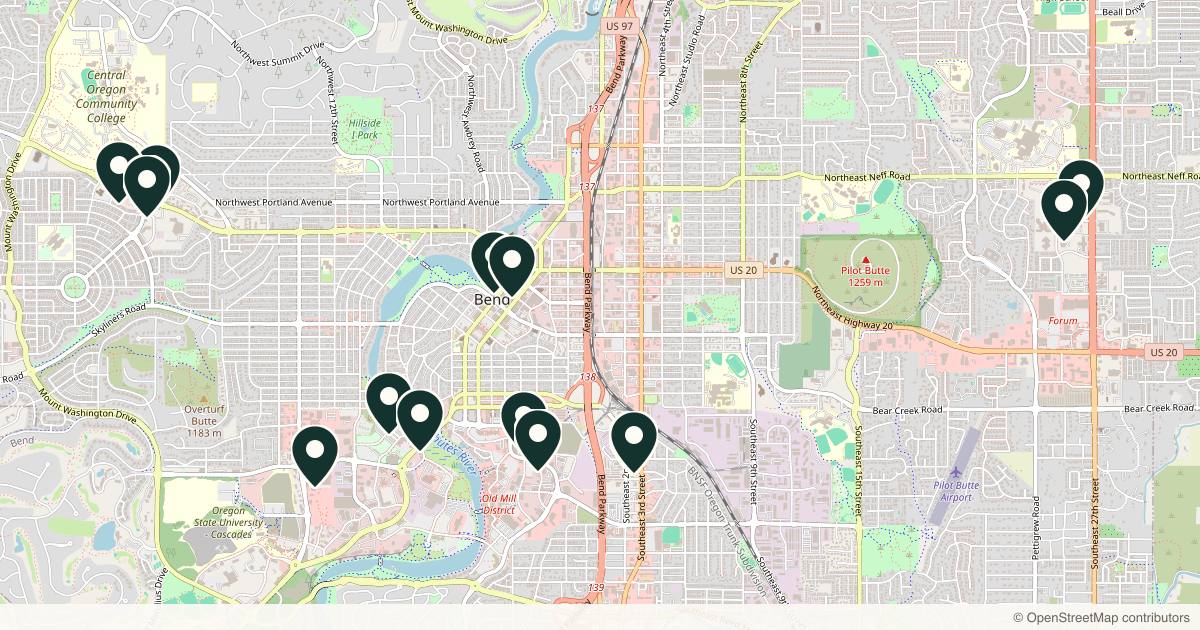 Map of 14 med spas and aesthetic clinics in Bend, Oregon