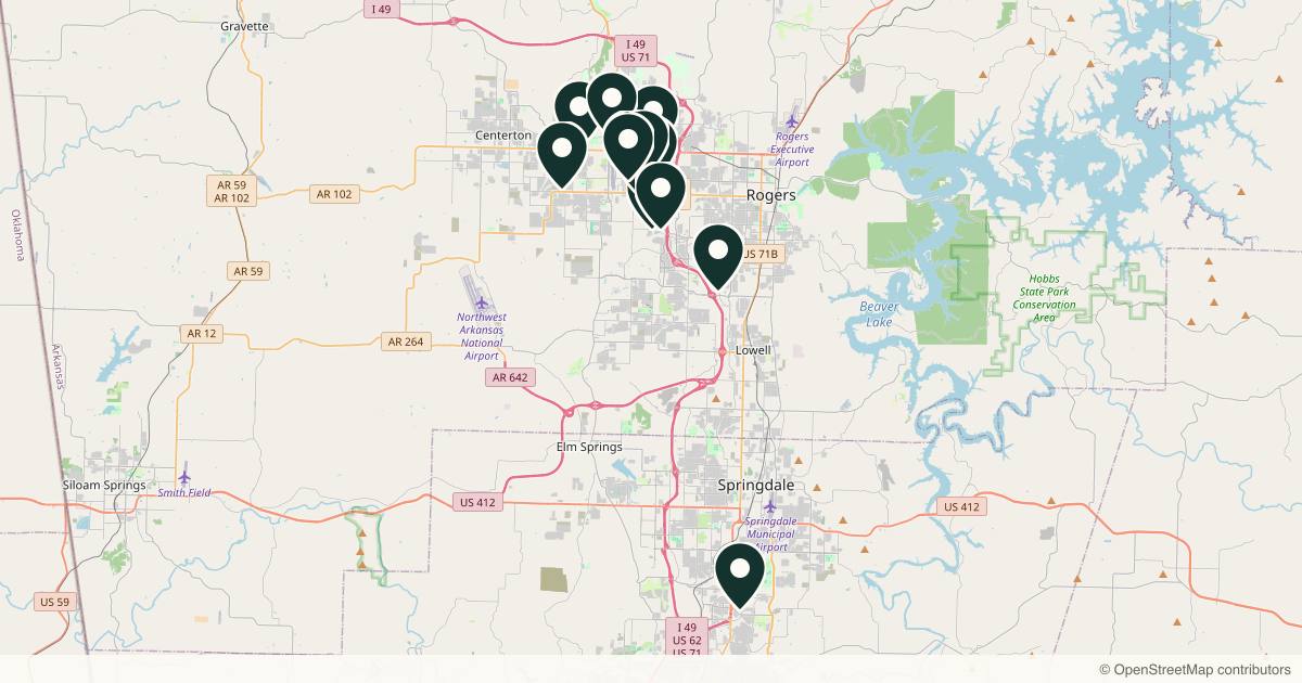 Map of 14 med spas and aesthetic clinics in Bentonville, Arkansas