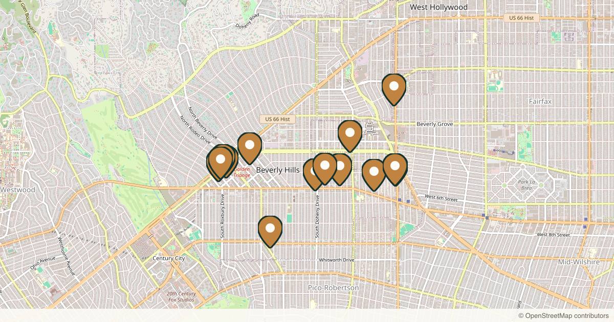 Map of 14 med spas and aesthetic clinics in Beverly Hills, California