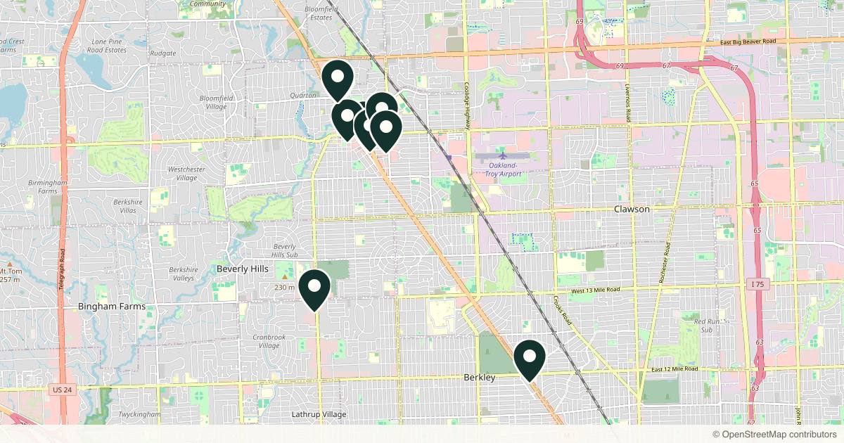 Map of 10 med spas and aesthetic clinics in Birmingham, Michigan