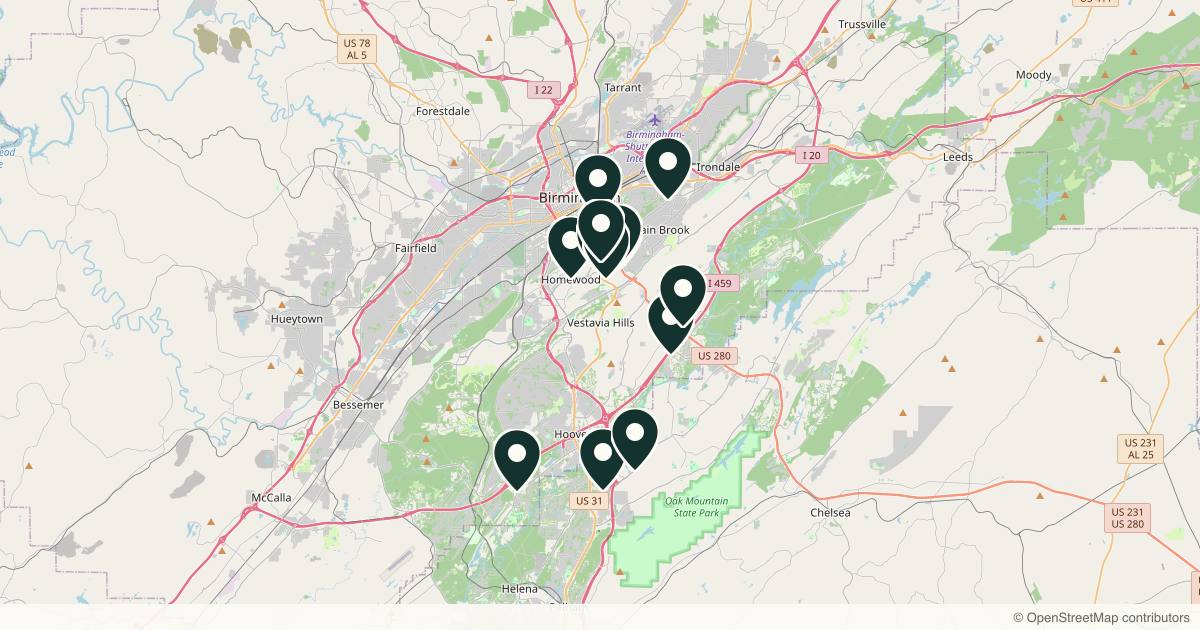 Map of 14 med spas and aesthetic clinics in Birmingham, Alabama