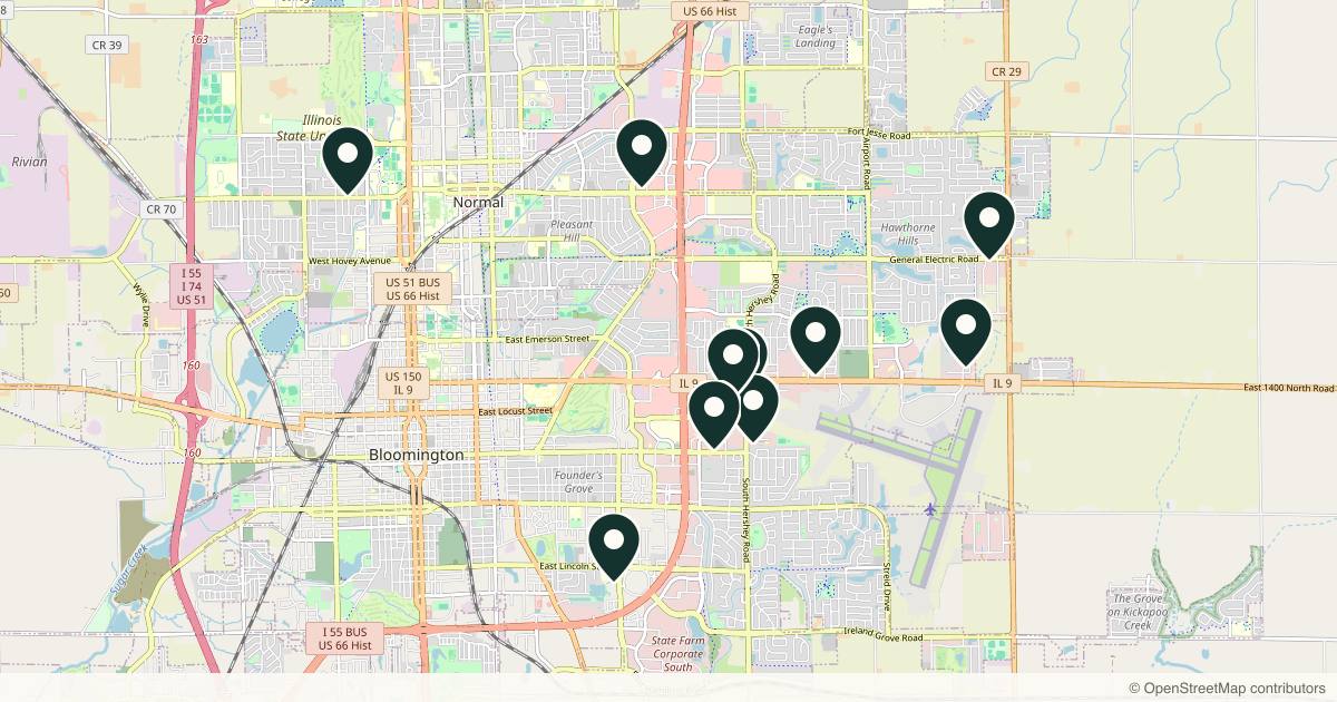 Map of 11 med spas and aesthetic clinics in Bloomington, Illinois