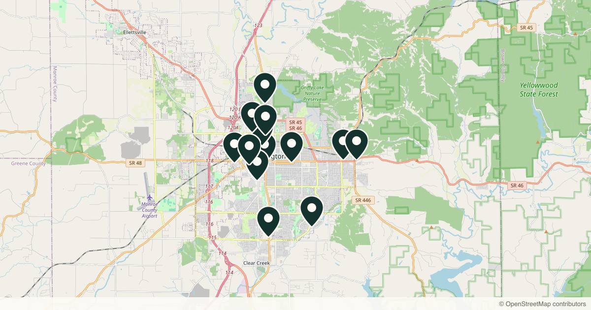 Map of 14 med spas and aesthetic clinics in Bloomington, Indiana