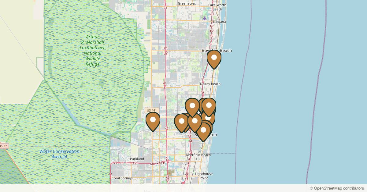 Map of 14 med spas and aesthetic clinics in Boca Raton, Florida