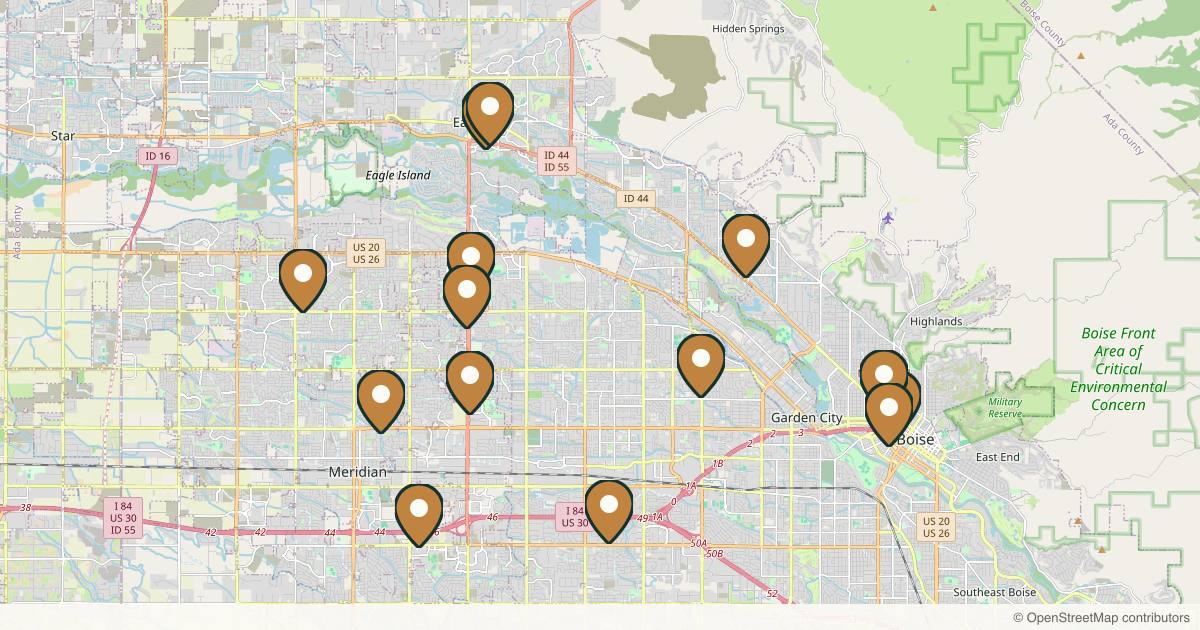 Map of 14 med spas and aesthetic clinics in Boise, Idaho