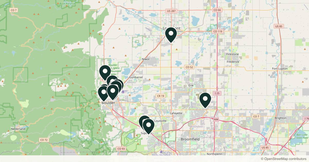 Map of 14 med spas and aesthetic clinics in Boulder, Colorado