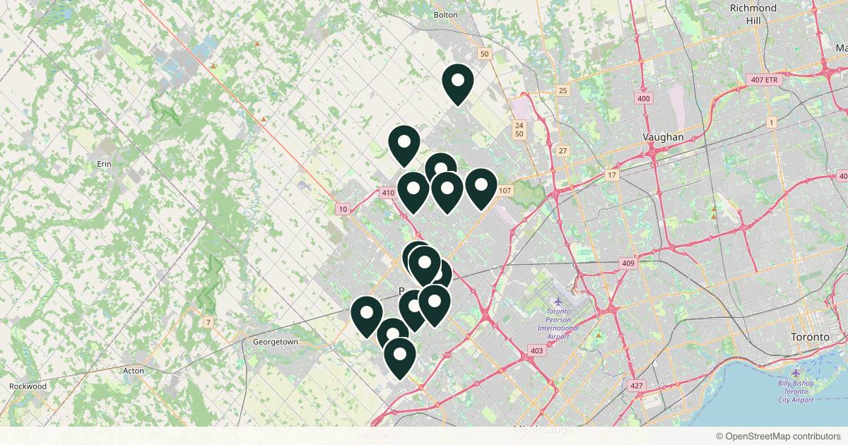 Map of 14 med spas and aesthetic clinics in Brampton, Ontario