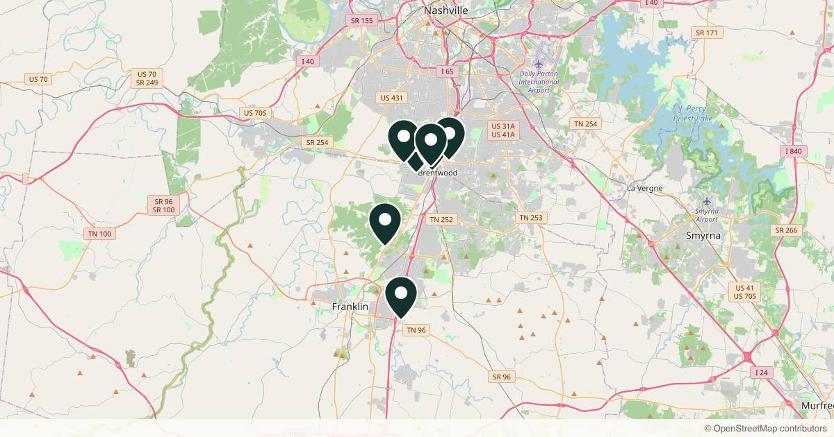 Map of 8 med spas and aesthetic clinics in Brentwood, Tennessee