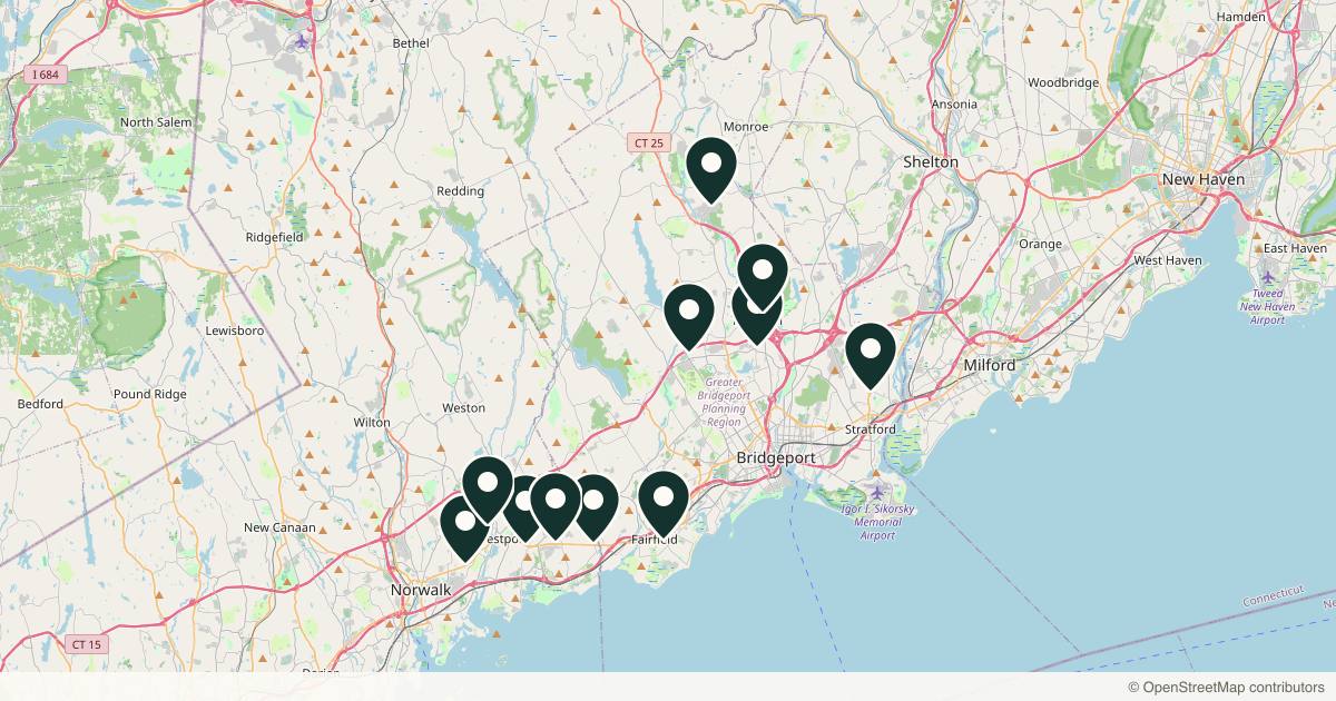 Map of 14 med spas and aesthetic clinics in Bridgeport, Connecticut