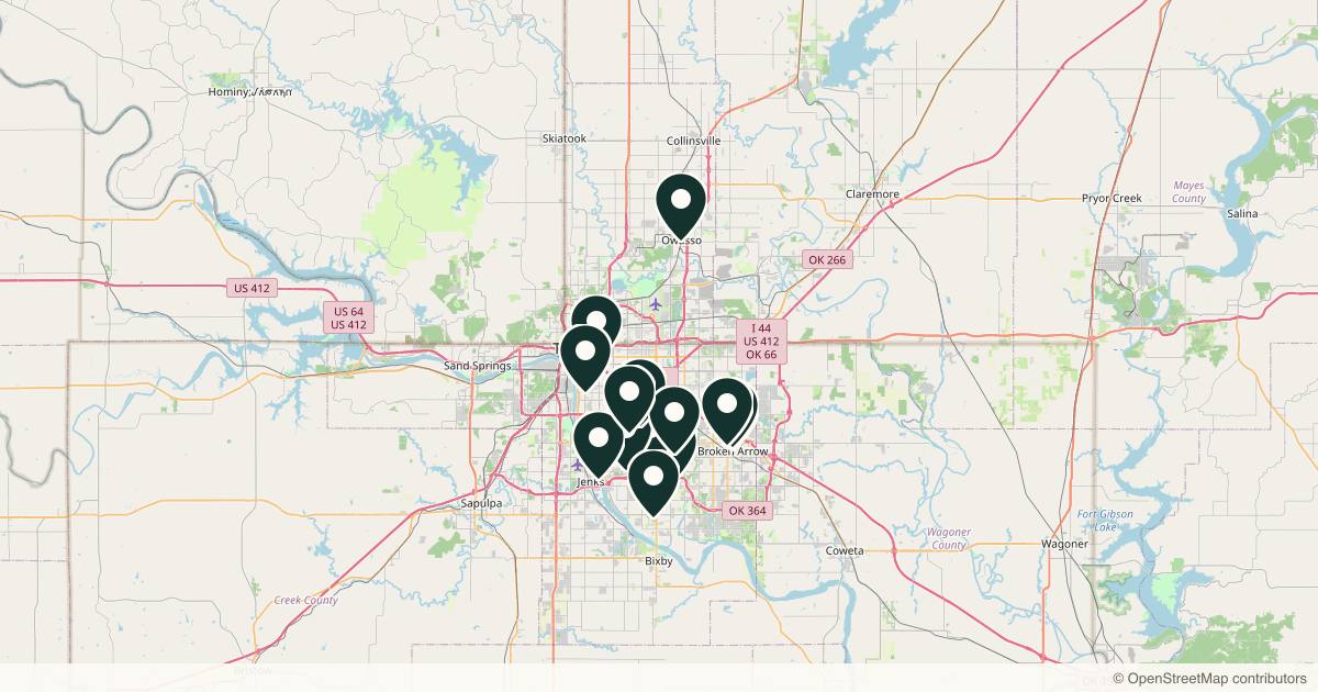 Map of 14 med spas and aesthetic clinics in Broken Arrow, Oklahoma