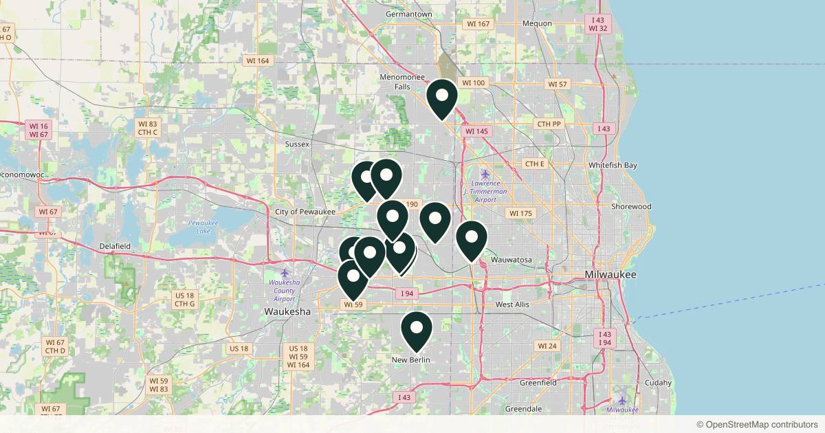 Map of 14 med spas and aesthetic clinics in Brookfield, Wisconsin