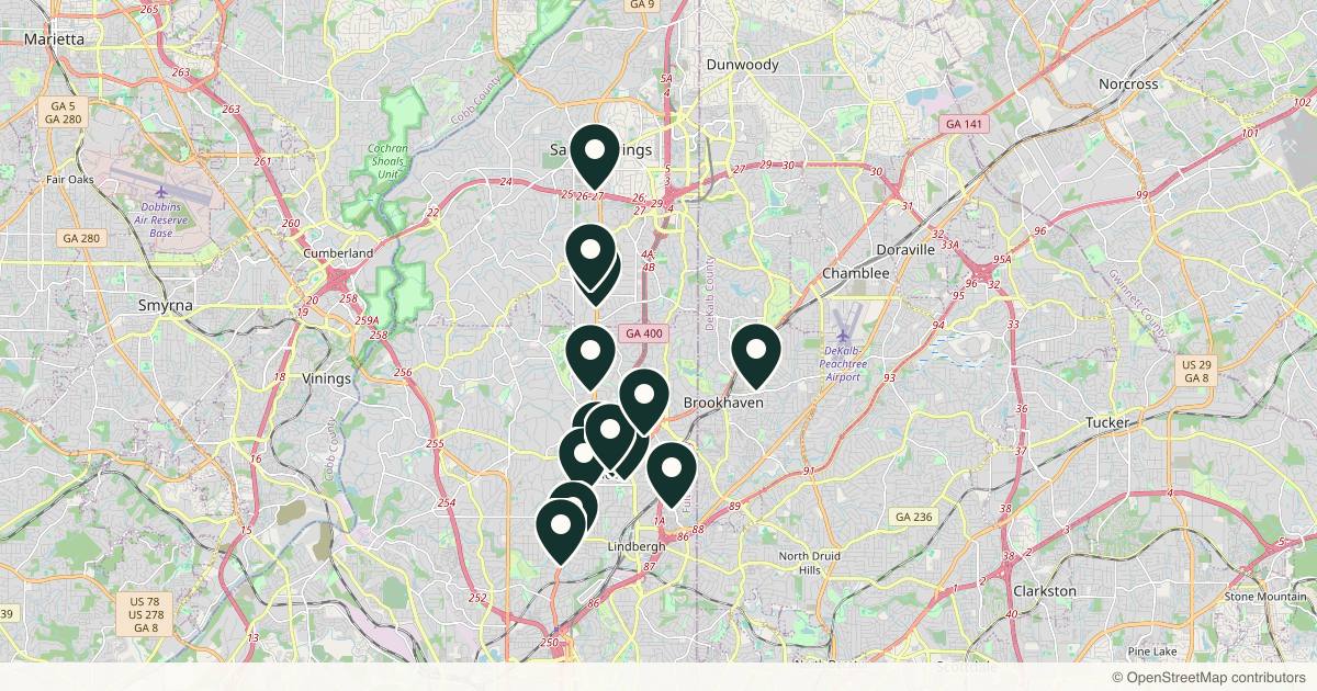 Map of 14 med spas and aesthetic clinics in Buckhead, Georgia