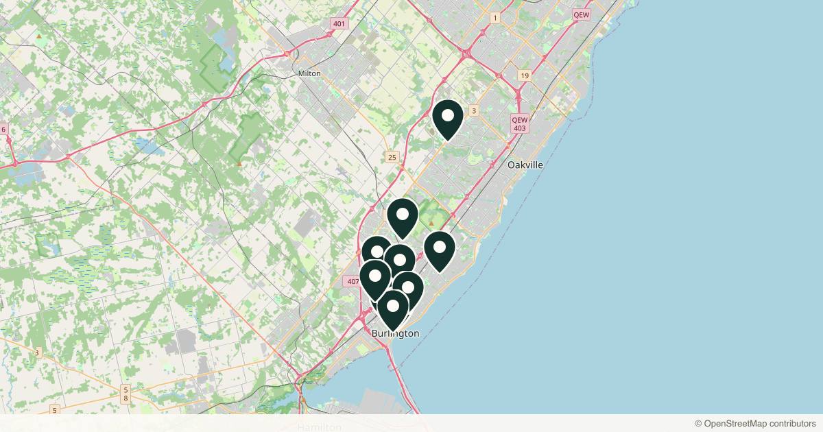 Map of 14 med spas and aesthetic clinics in Burlington, Ontario