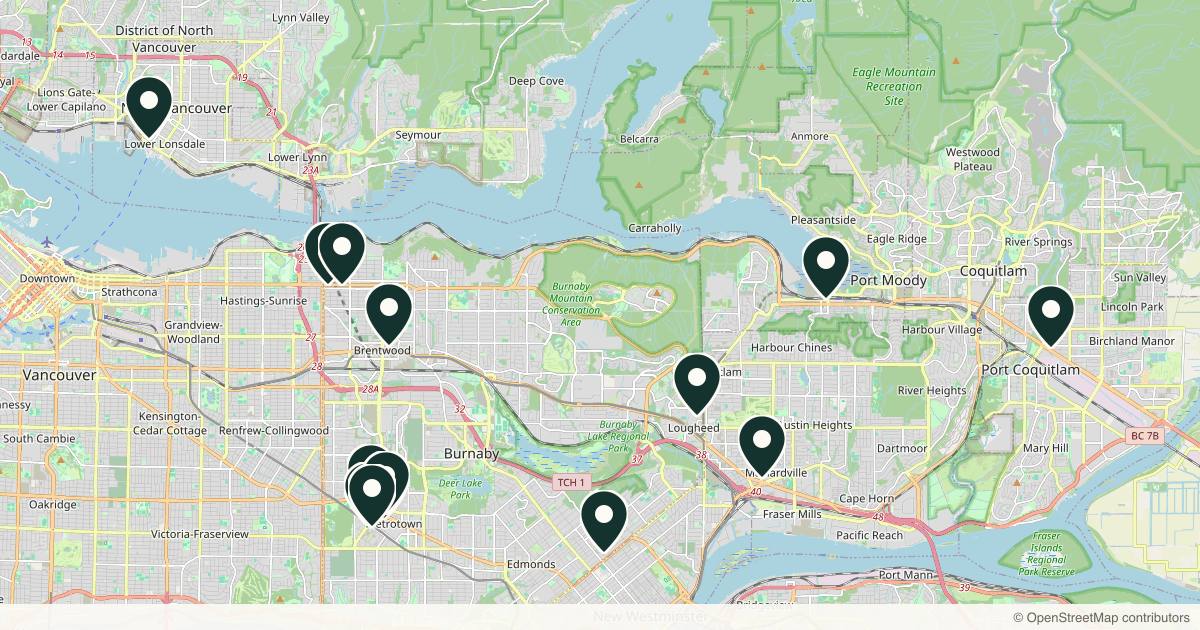 Map of 14 med spas and aesthetic clinics in Burnaby, British Columbia