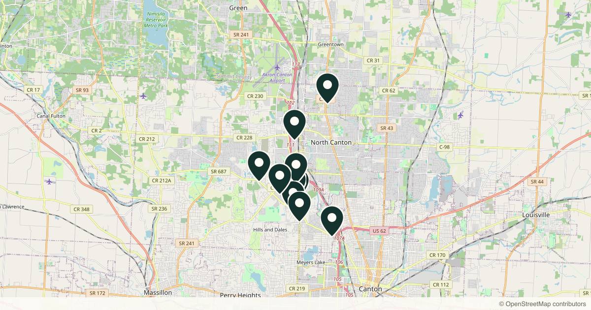 Map of 13 med spas and aesthetic clinics in Canton, Ohio