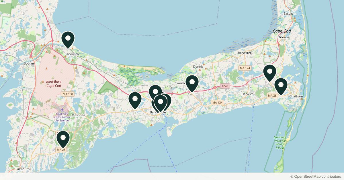Map of 14 med spas and aesthetic clinics in Cape Cod, Massachusetts