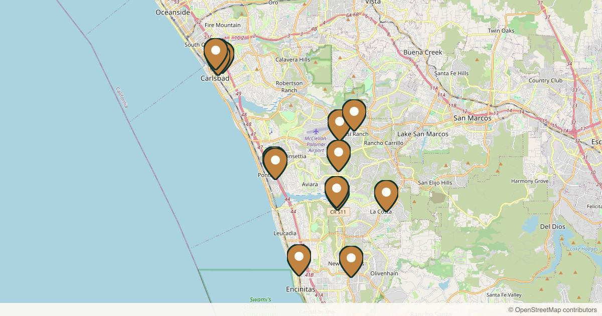 Map of 14 med spas and aesthetic clinics in Carlsbad, California