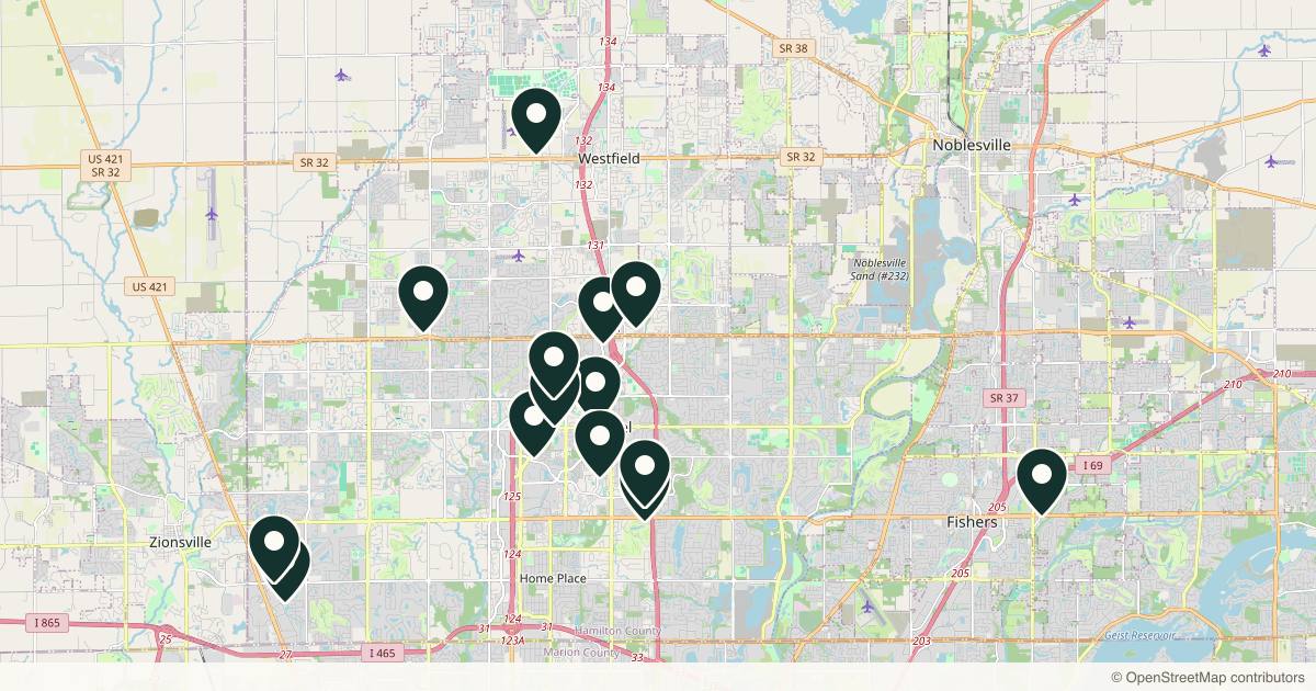 Map of 14 med spas and aesthetic clinics in Carmel, Indiana