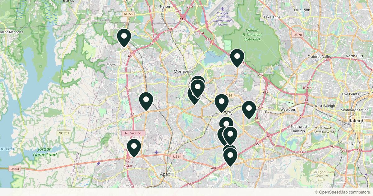 Map of 14 med spas and aesthetic clinics in Cary, North Carolina
