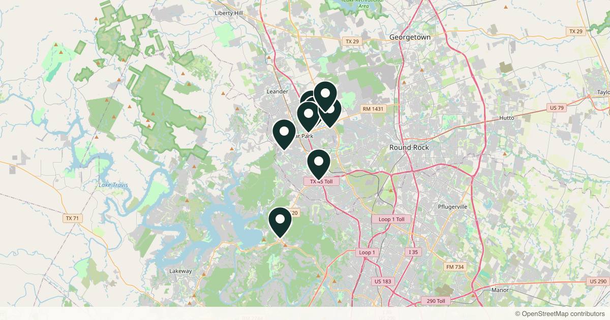 Map of 10 med spas and aesthetic clinics in Cedar Park, Texas