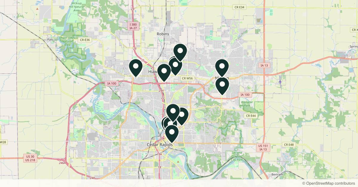 Map of 14 med spas and aesthetic clinics in Cedar Rapids, Iowa