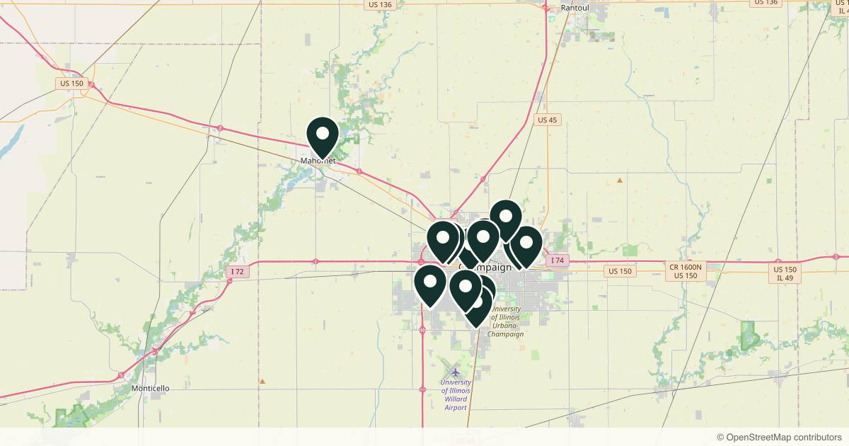 Map of 14 med spas and aesthetic clinics in Champaign, Illinois